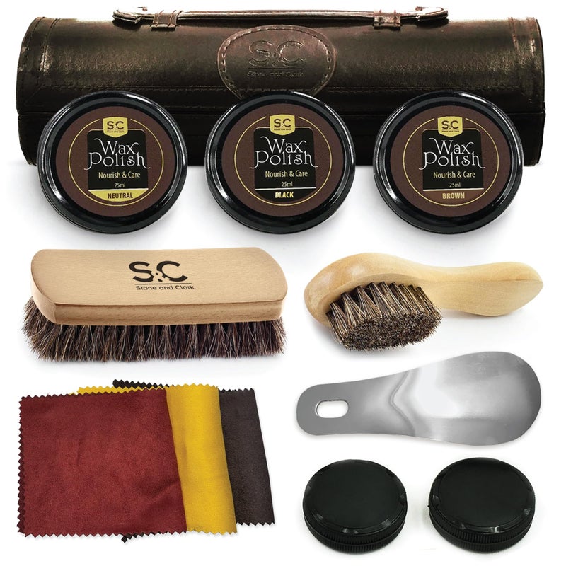 Stone and Clark Stone & Clark 12PC Shoe Polish & Care Kit, Leather Shoe Shine Kit with Brown Wax, Shoe Brushes for Polishing, Shine Cloth & Shoe Horn, Compact Shoe Cleaning Kit with Horse Hair Brushes & PU - Image 1